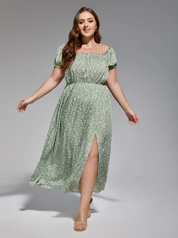 winter dressPlus Sage Green Floral Off-Shoulder Maxi Dress