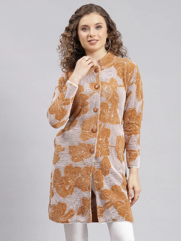 Super Deal Women Camel Brown Jaquard Wool blend Knitted Coat