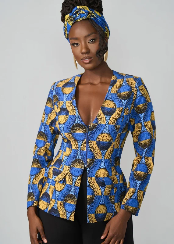 Super Bargain Fafa Women's African Print Stretch Zip-Up Blazer (Blue Gold Circles)