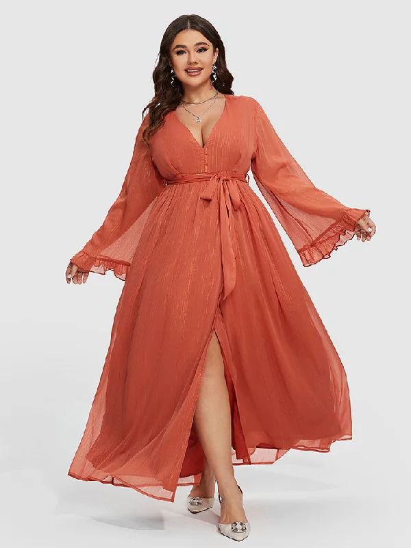 casual summer dressV-Neck Flare Sleeve Belted Dress