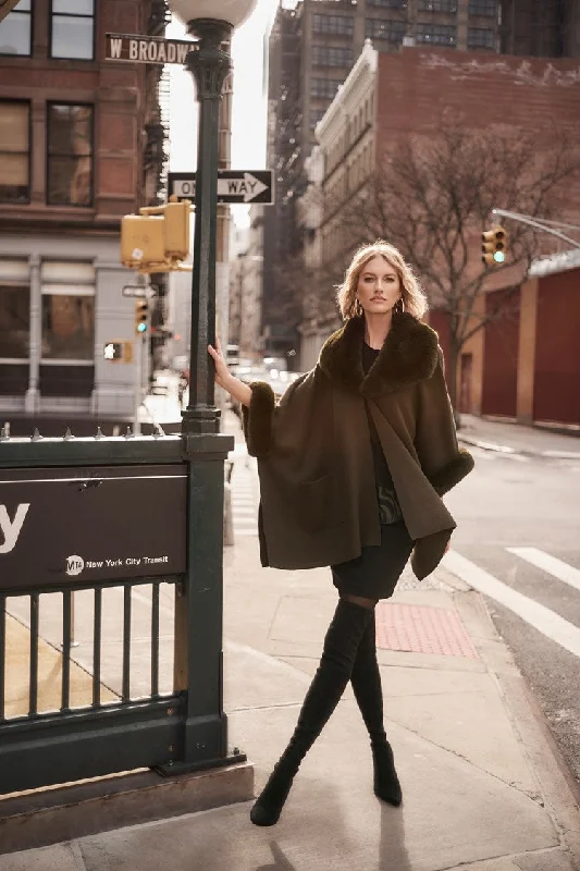 Super Sale Joseph Ribkoff Khaki Brushed Jacquard and Faux Fur Cape