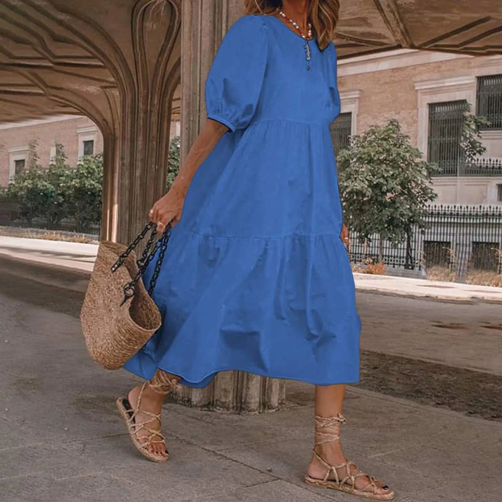 stylish dressJuliaFashion - Women Solid SunSummer Vintage Elegant Loose Short Sleeve Swing Party Long Female Beach Vestidos Casual Robe Dress