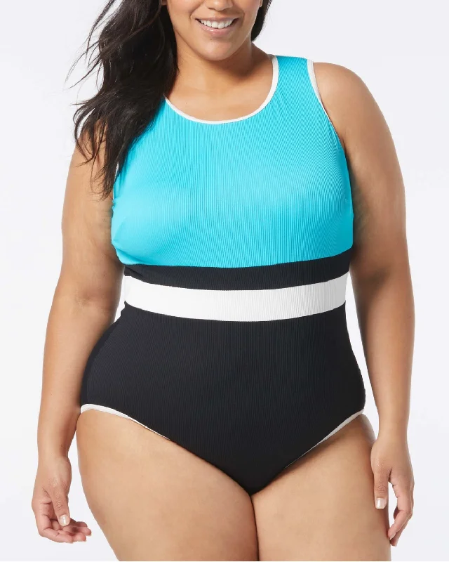 Bargain Blast 2024 Beach House Women's Plus Colorblock Aspire Ribbed One Piece - Hw9b357