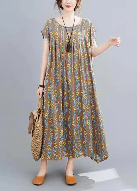 fitted cocktail dressPlus Size Coffee Print Long Dress Short Sleeve