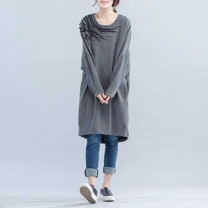 layered dresslight gray unique cotton dress plus size Cinched batwing sleeve dress