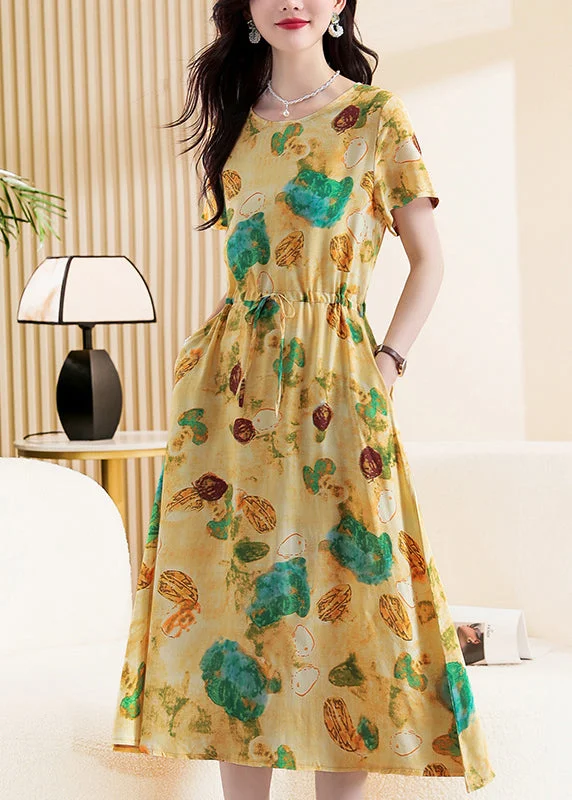 Buy More, Save More Cute Yellow Print Tie Waist Maxi Dresses Short Sleeve