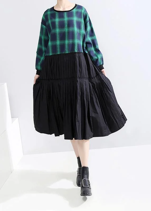 relaxed fit dressClassy long sleeve cotton clothes Photography green plaid patchwork Plus Size Dresses