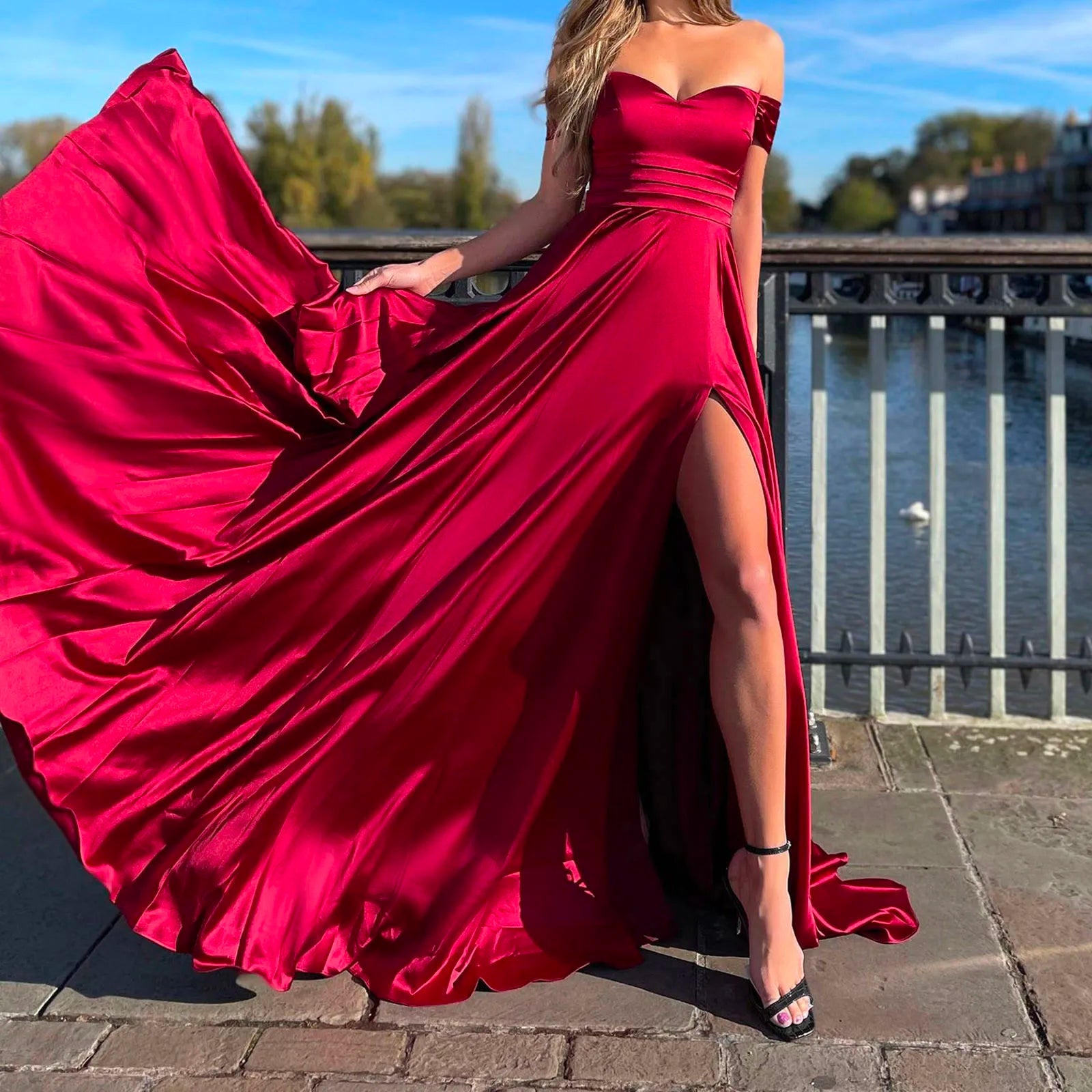 Deep Discounts JuliaFashion - Evening Party Long Satin Off Shoulder Bridesmaid Off Shoulder Fluffy Ruffle High Slit Long Formal Dress