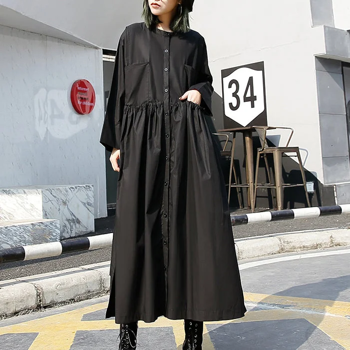 casual dressfine black long cotton dresses Loose fitting stand collar cotton clothing dress New elastic waist cotton caftans