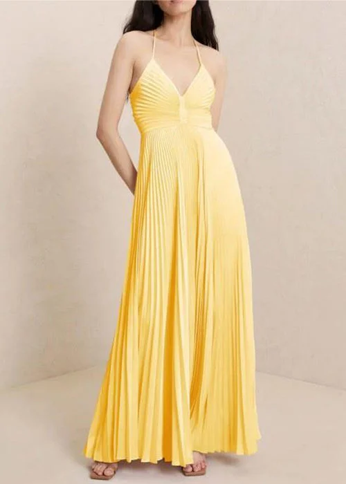 Deal Dash Slim Fit Yellow V Neck Wrinkled Cotton Spaghetti Strap Dress Sleeveless