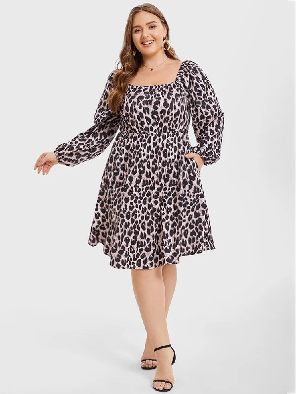 romantic dressLeopard Print Square Neck Belted Midi Dress