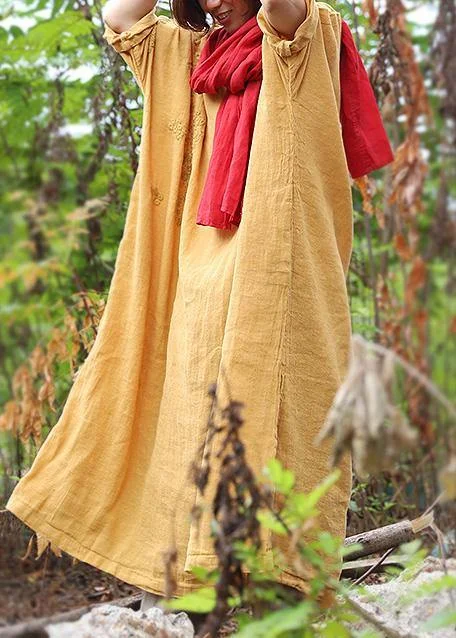 winter dressFrench yellow linen dresses side open linen robes v neck Dress