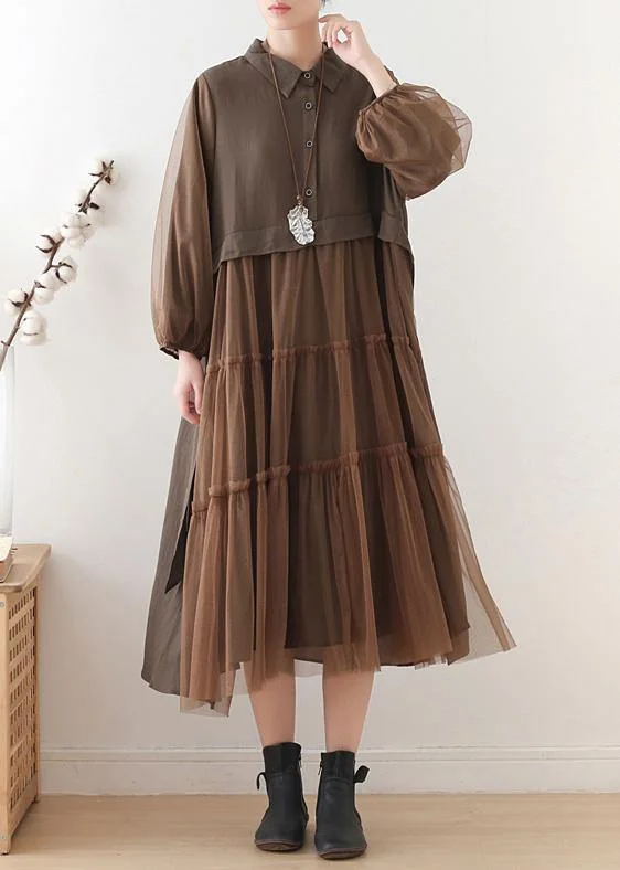 printed dressUnique chocolate linen dress lapel large hem Maxi fall Dresses