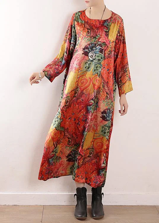 casual shift dressHandmade orange print chiffon Robes Korea Wardrobes o neck Maxi fall Dresses