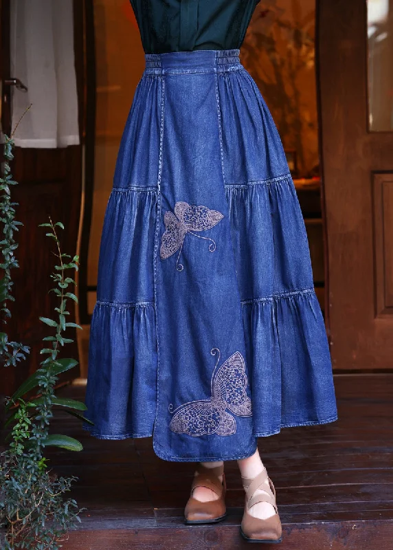 elegant evening dressLoose Denim Navy Butterfly Embroidered Elastic Waist Maxi Skirts Summer