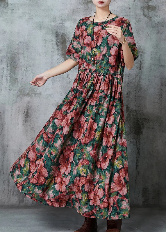 Huge Savings Chic Red Cinched Floral Linen Holiday Dress Summer