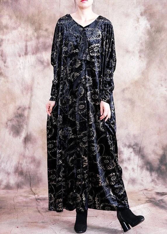 evening dressBohemian prints velour dresses Work black v neck Kaftan Dress fall