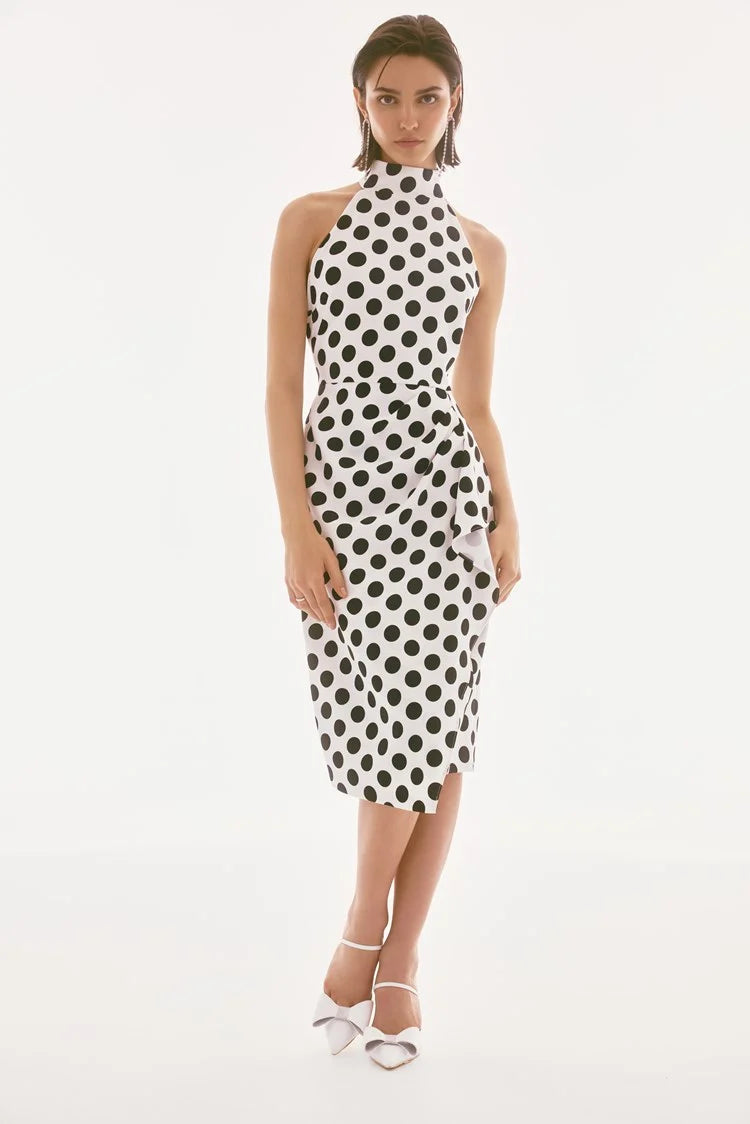 casual slip dressJoseph Ribkoff Signature | Lux Twill Dot Print Halter Dress