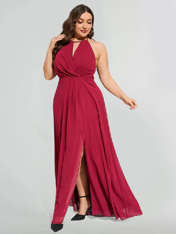 summer dressPlus Burgundy Halter Bow Neck Backless High Slit Maxi Dress