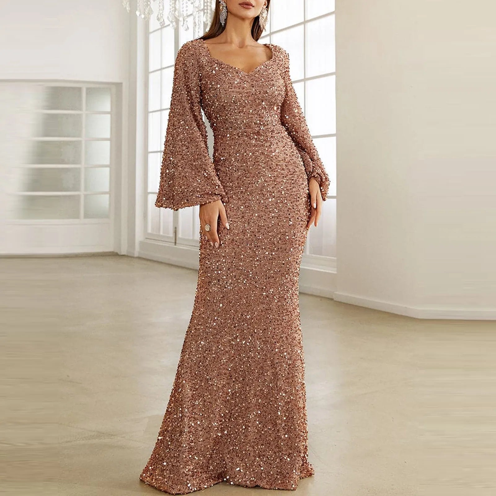 Final Clearance JuliaFashion - Bodycon Sequin Shinny Evening Prom Flare Sleeve Maxi Elegant Mid Waist Long Party Gown Wedding Guest Dress