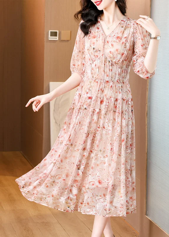 vintage-inspired dressWomen Pink V Neck Embroidered Wrinkled Silk Dress Summer