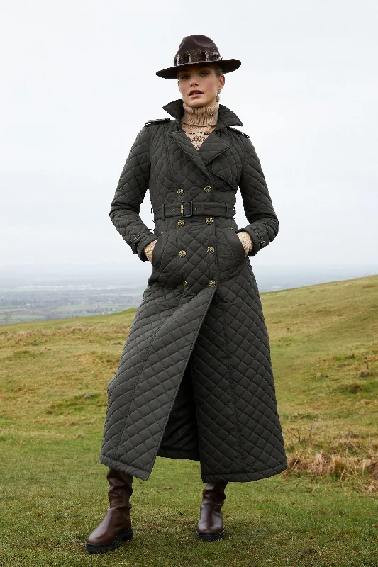 Flash Deals Full Length Enstone Quilted Trench Coat (Dark Olive)