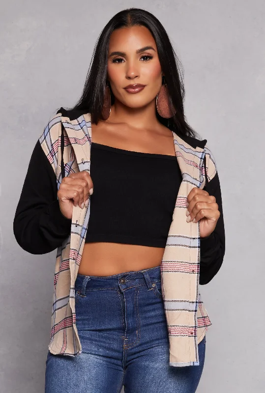 Discount Deals Plaid Button Front Hooded Shirt
