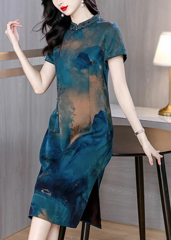 one-shoulder dressWomen Blue Stand Collar Tasseled Print Silk Dress Summer