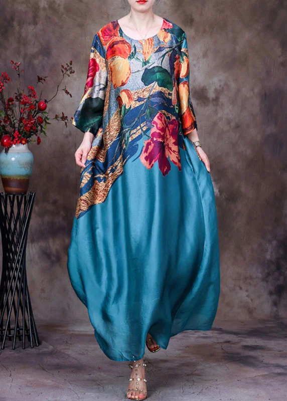 formal dressLake Blue Pockets Print Silk Long Dresses O Neck Half Sleeve