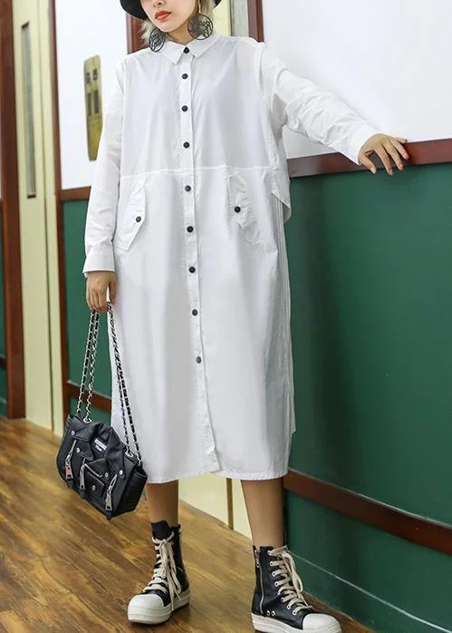 lace dressFrench white cotton shirt dress pattern pockets patchwork Maxi lapel Dress